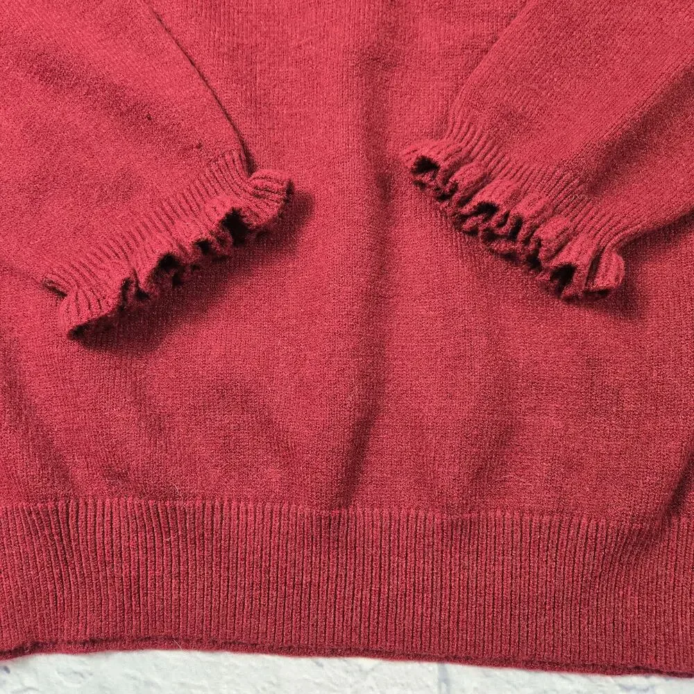 Demure BTFBM Cranberry Holiday Henley High Neck Pullover Sweater Ruffles Buttons